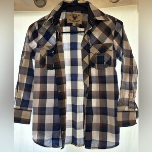 Boys Blue and Brown Plaid Button-Up Shirt